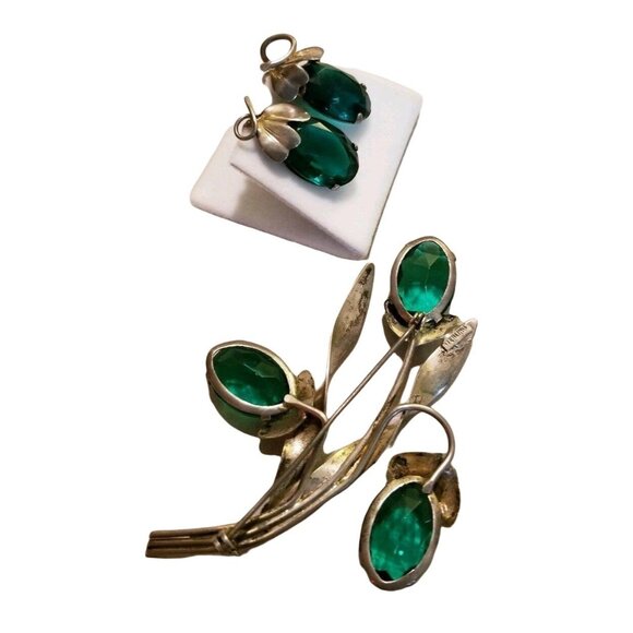 Sterling Silver Green Stone Floral Brooch Pin and Earring Set Celibity Owned JS6 - Picture 3 of 9